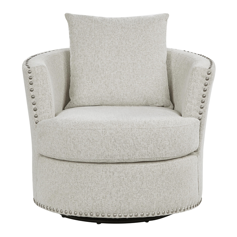 Meil 34 Inch Swivel Accent Chair- Beige Chenille- Nailhead Trim- Solid Wood