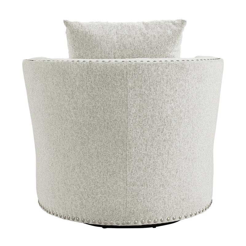 Meil 34 Inch Swivel Accent Chair- Beige Chenille- Nailhead Trim- Solid Wood