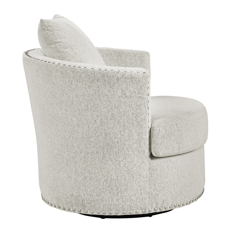 Meil 34 Inch Swivel Accent Chair- Beige Chenille- Nailhead Trim- Solid Wood