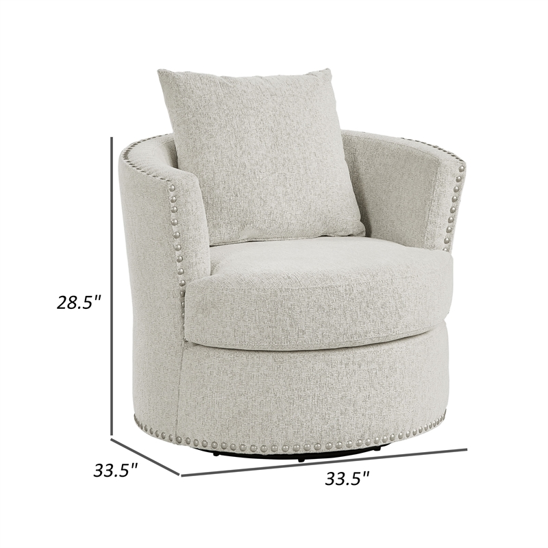 Meil 34 Inch Swivel Accent Chair- Beige Chenille- Nailhead Trim- Solid Wood