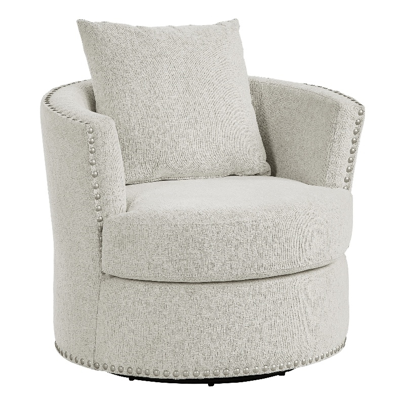 Meil 34 Inch Swivel Accent Chair- Beige Chenille- Nailhead Trim- Solid Wood