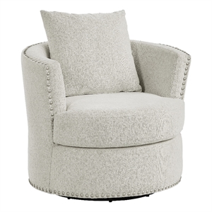 Meil 34 Inch Swivel Accent Chair- Beige Chenille- Nailhead Trim- Solid Wood