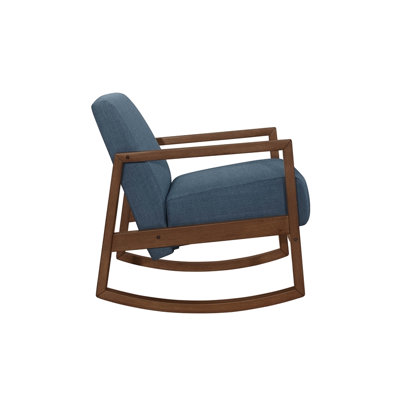 Clovi 32 Inch Rocker Accent Chair- Blue Fabric- Foam Cushions- Brown Wood