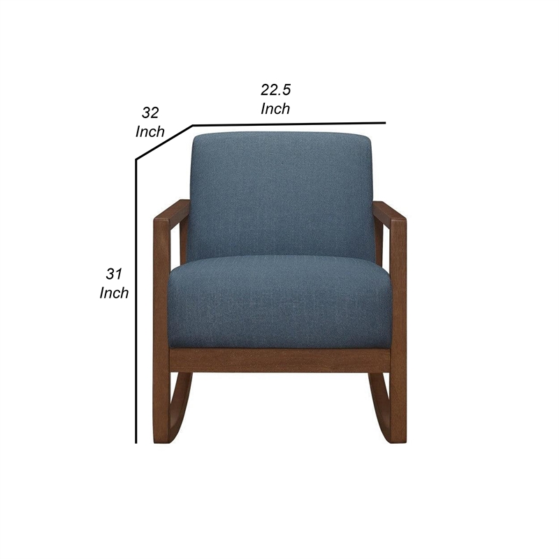 Clovi 32 Inch Rocker Accent Chair- Blue Fabric- Foam Cushions- Brown Wood