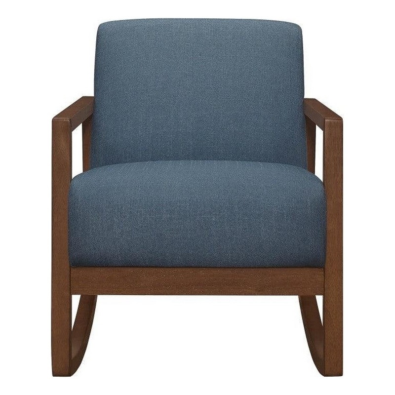 Clovi 32 Inch Rocker Accent Chair- Blue Fabric- Foam Cushions- Brown Wood