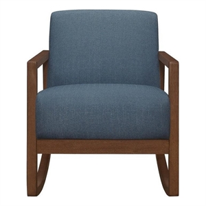 Clovi 32 Inch Rocker Accent Chair- Blue Fabric- Foam Cushions- Brown Wood