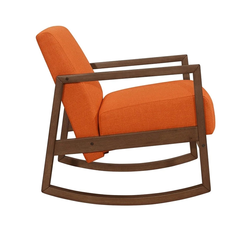 Clovi 32 Inch Rocker Accent Chair- Orange Fabric- Foam Cushions- Brown Wood