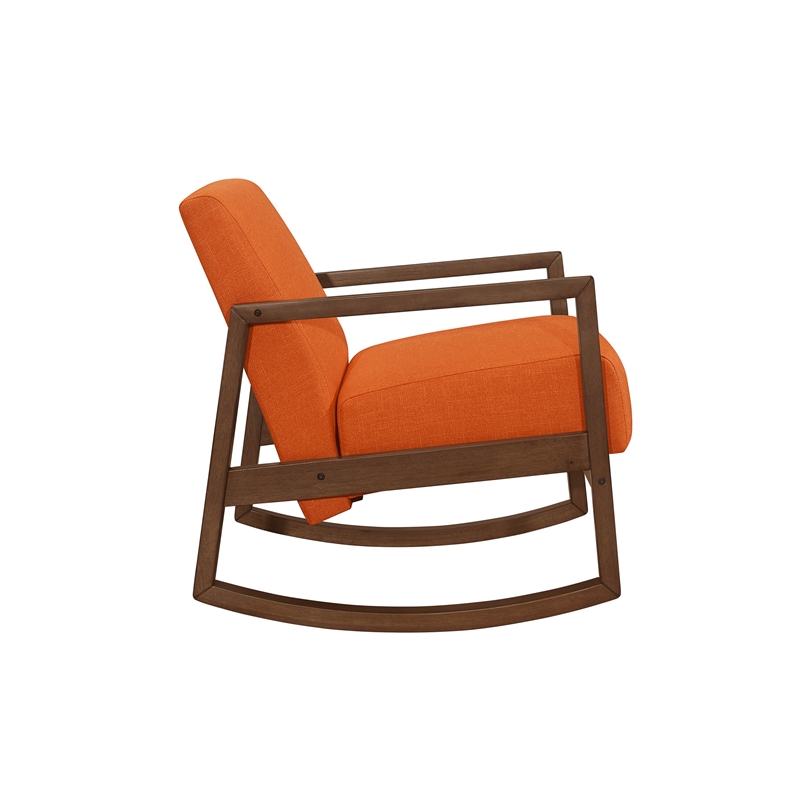 Clovi 32 Inch Rocker Accent Chair- Orange Fabric- Foam Cushions- Brown Wood