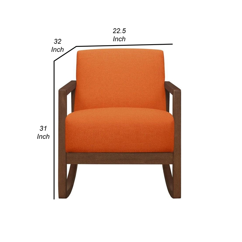 Clovi 32 Inch Rocker Accent Chair- Orange Fabric- Foam Cushions- Brown Wood
