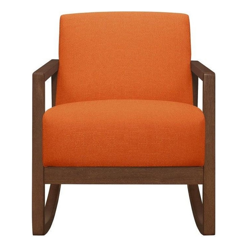 Clovi 32 Inch Rocker Accent Chair- Orange Fabric- Foam Cushions- Brown Wood