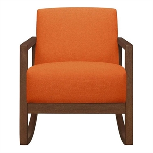 Clovi 32 Inch Rocker Accent Chair- Orange Fabric- Foam Cushions- Brown Wood