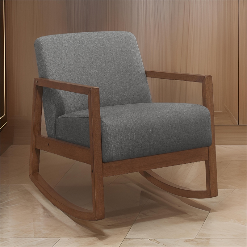 Clovi 32 Inch Rocking Accent Chair- Gray Fabric- Foam Cushions- Brown Wood