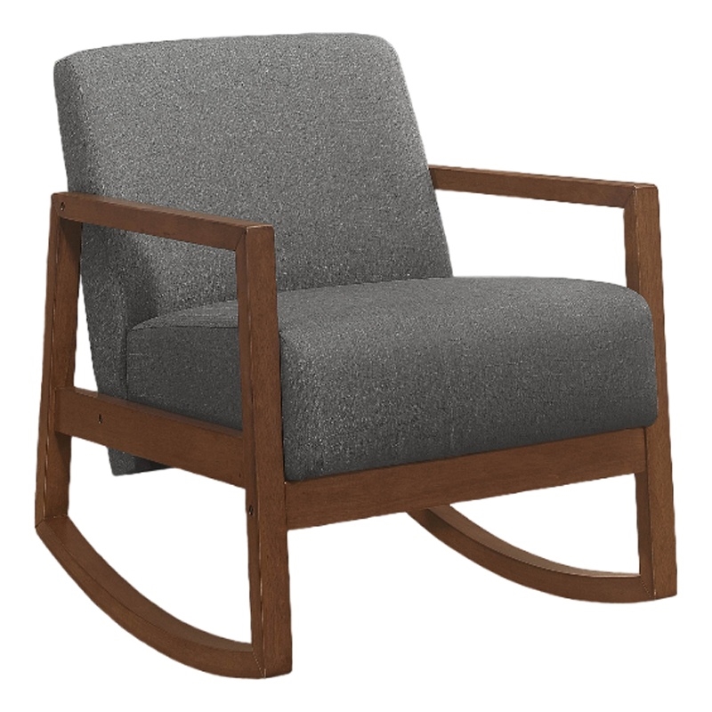 Clovi 32 Inch Rocking Accent Chair- Gray Fabric- Foam Cushions- Brown Wood
