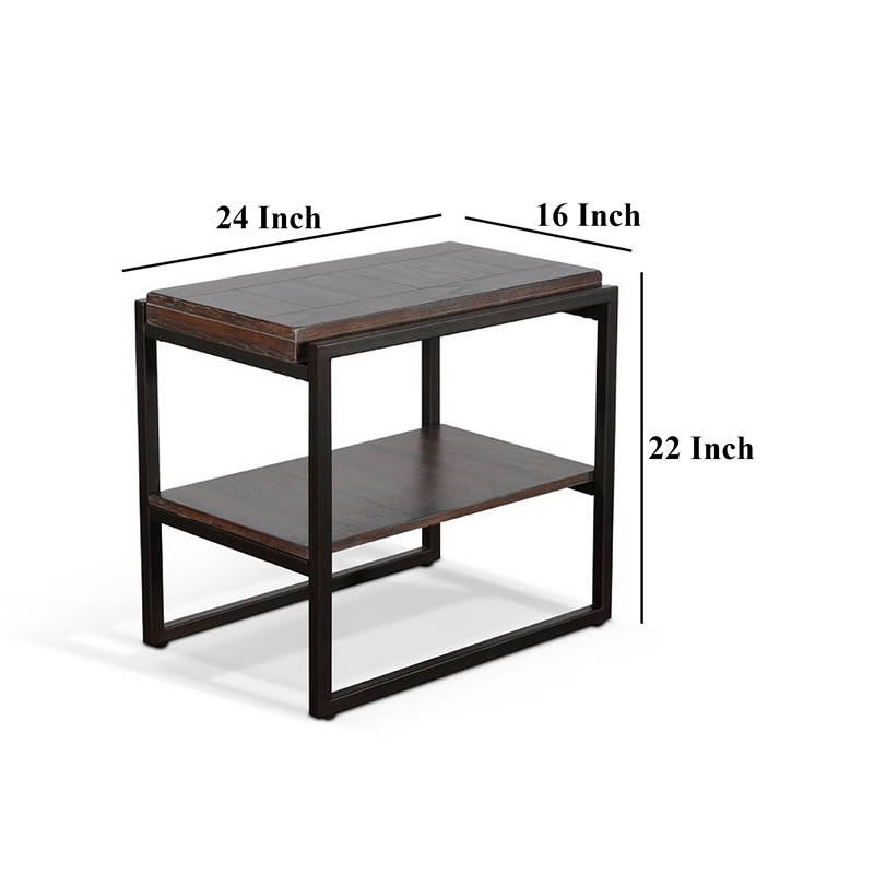 Lery Accent Chairside Table- Dark Brown Wood- Black Metal- 24 Inch
