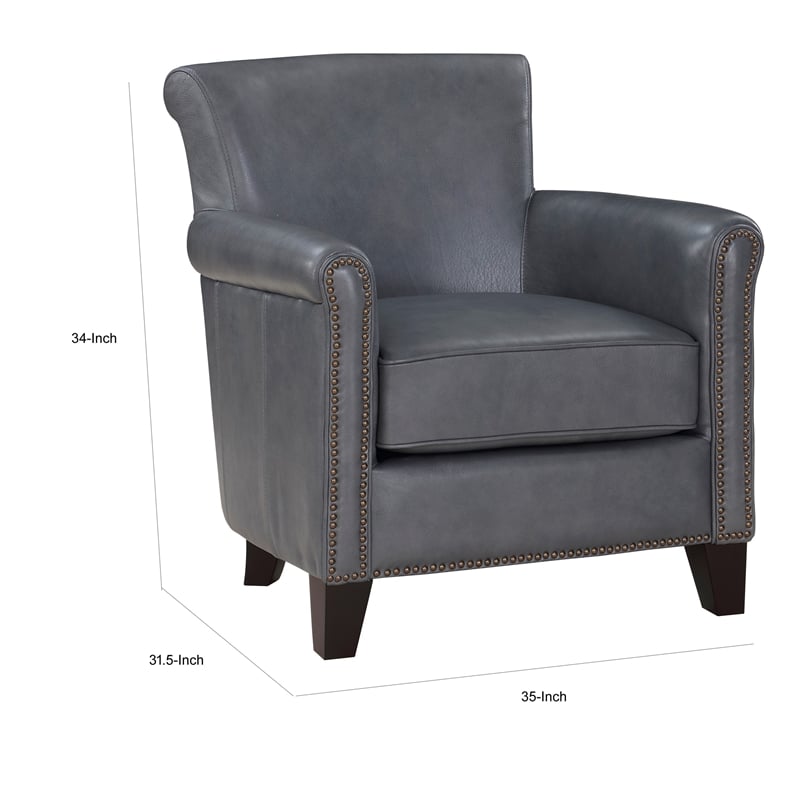 Tria 35 Inch Accent Chair- Gray Top Grain and Split Leather- Solid Wood