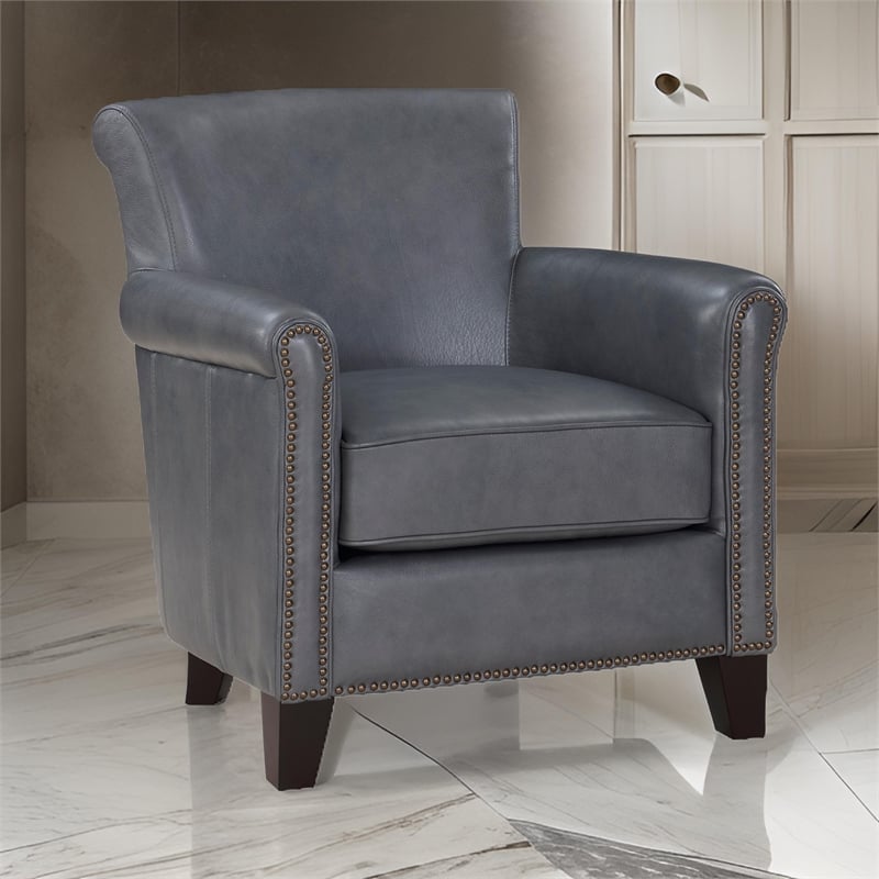 Tria 35 Inch Accent Chair- Gray Top Grain and Split Leather- Solid Wood