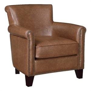 Tria 35 Inch Accent Chair- Brown Top Grain and Split Leather- Solid Wood