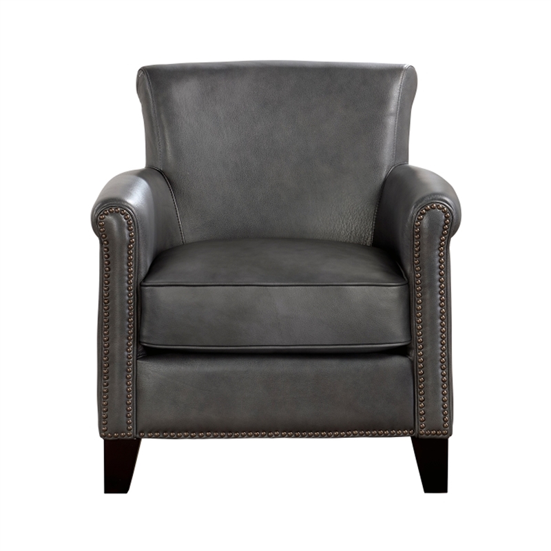 Tria 35 Inch Accent Chair- Gray Top Grain and Split Leather- Brown Wood