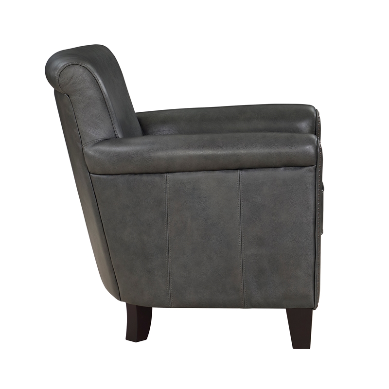Tria 35 Inch Accent Chair- Gray Top Grain and Split Leather- Brown Wood