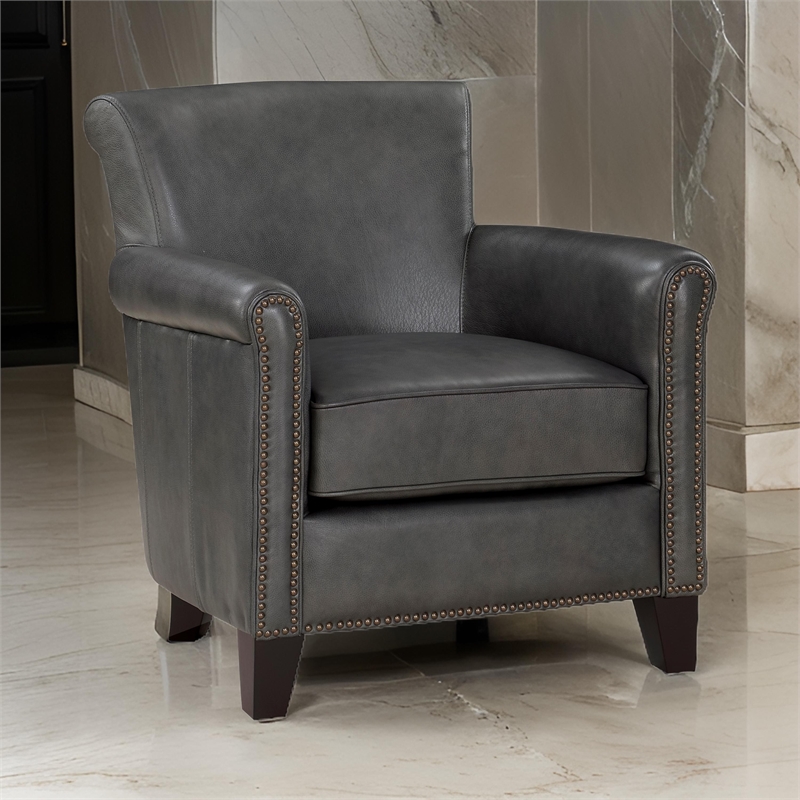 Tria 35 Inch Accent Chair- Gray Top Grain and Split Leather- Brown Wood
