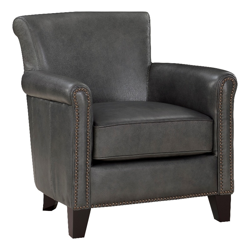 Tria 35 Inch Accent Chair- Gray Top Grain and Split Leather- Brown Wood