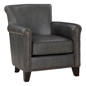 Tria 35 Inch Accent Chair- Gray Top Grain and Split Leather- Brown Wood