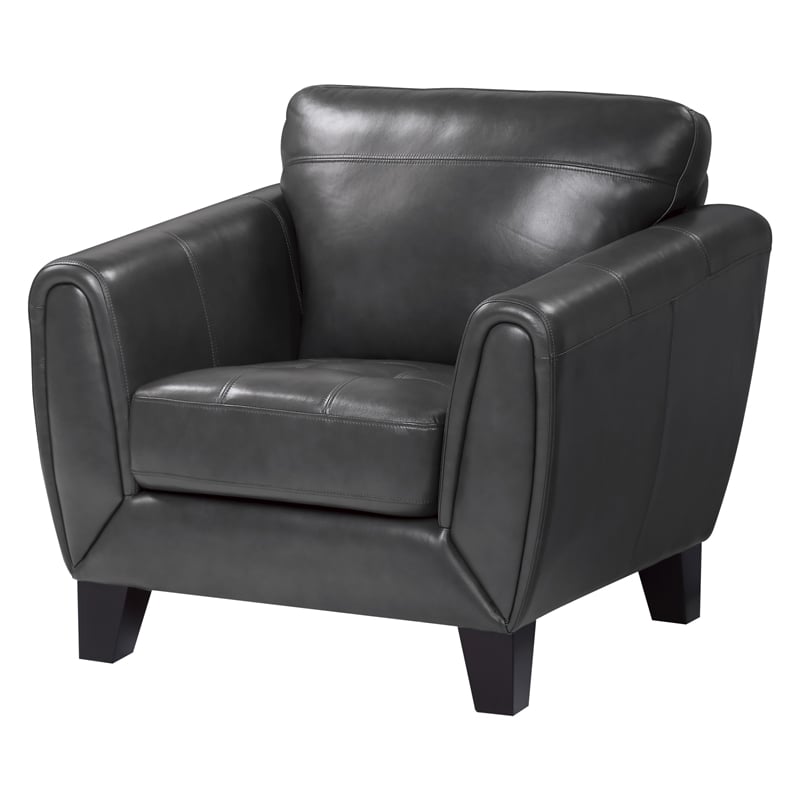 Sofy 37 Inch Accent Chair- Dark Gray Top Grain and Faux Leather- Solid Wood
