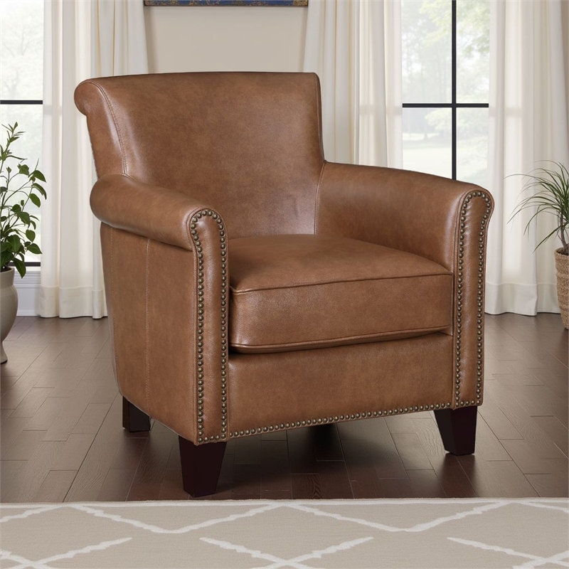 Tria Sofa Accent Chair- Brown Faux Leather- Nailhead Trim- 32 Inch