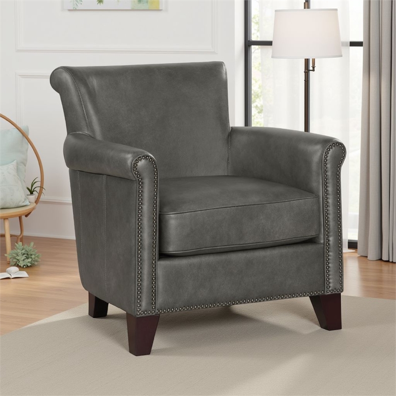Tria Sofa Accent Chair- Gray Faux Leather- Nailhead Trims- 32 Inch