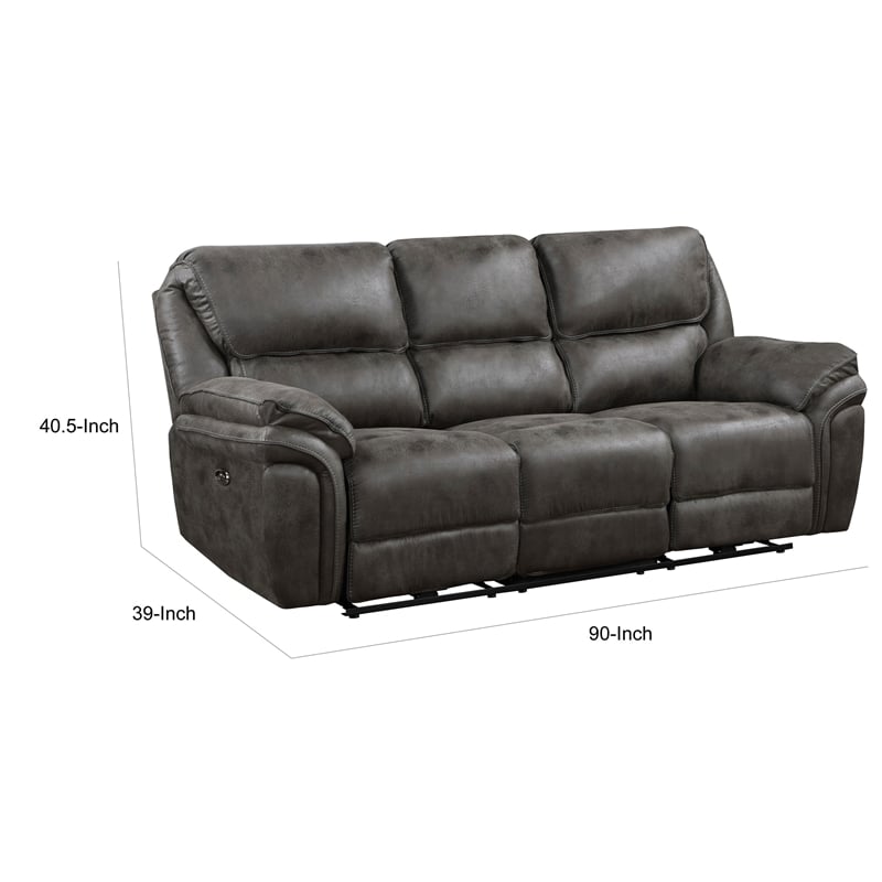 Tony 90 Inch Power Double Recliner Sofa- Gray Microfiber- USB Charging Port