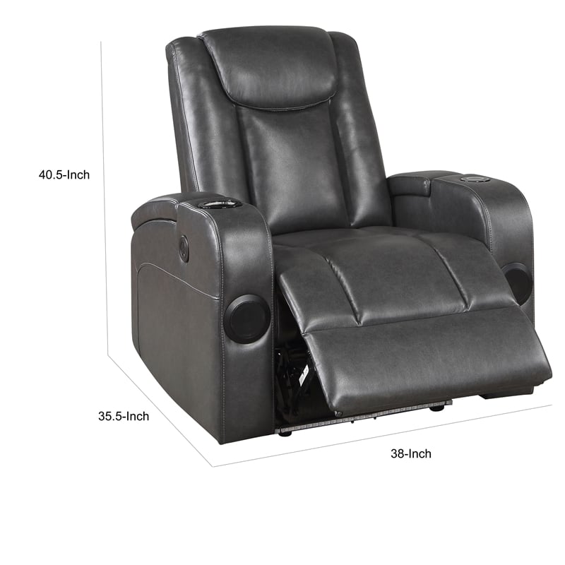 Emily 38 Inch Power Recliner Chair- Cooling Cupholder- LED- Gray PU Leather