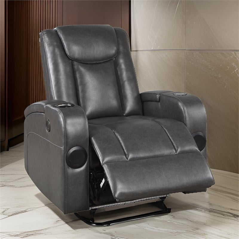 Emily 38 Inch Power Recliner Chair- Cooling Cupholder- LED- Gray PU Leather