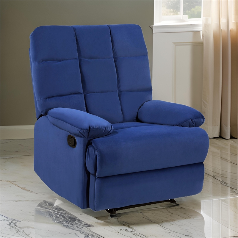 Patty 36 Inch Manual Recliner Chair- Cushioned- Blue Velvet- Solid Wood