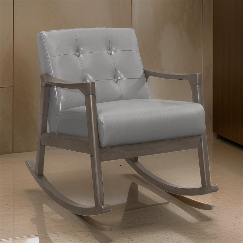 Ciao 37 Inch Rocking Chair Armchair- Light Gray Faux Leather- Solid Wood