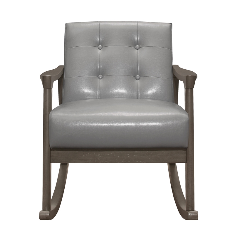 Ciao 37 Inch Rocking Chair Armchair- Light Gray Faux Leather- Solid Wood