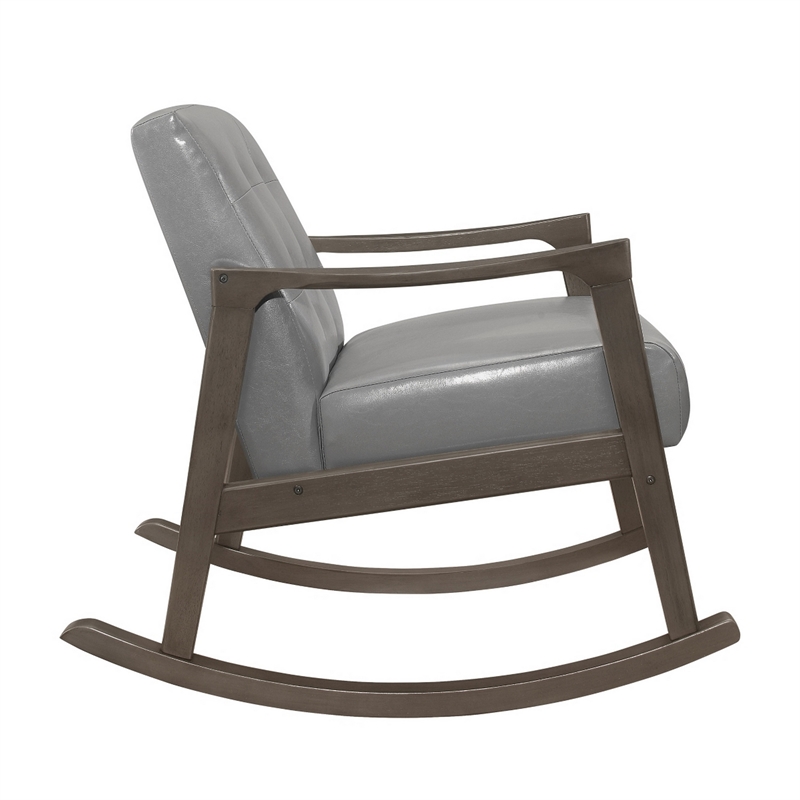 Ciao 37 Inch Rocking Chair Armchair- Light Gray Faux Leather- Solid Wood
