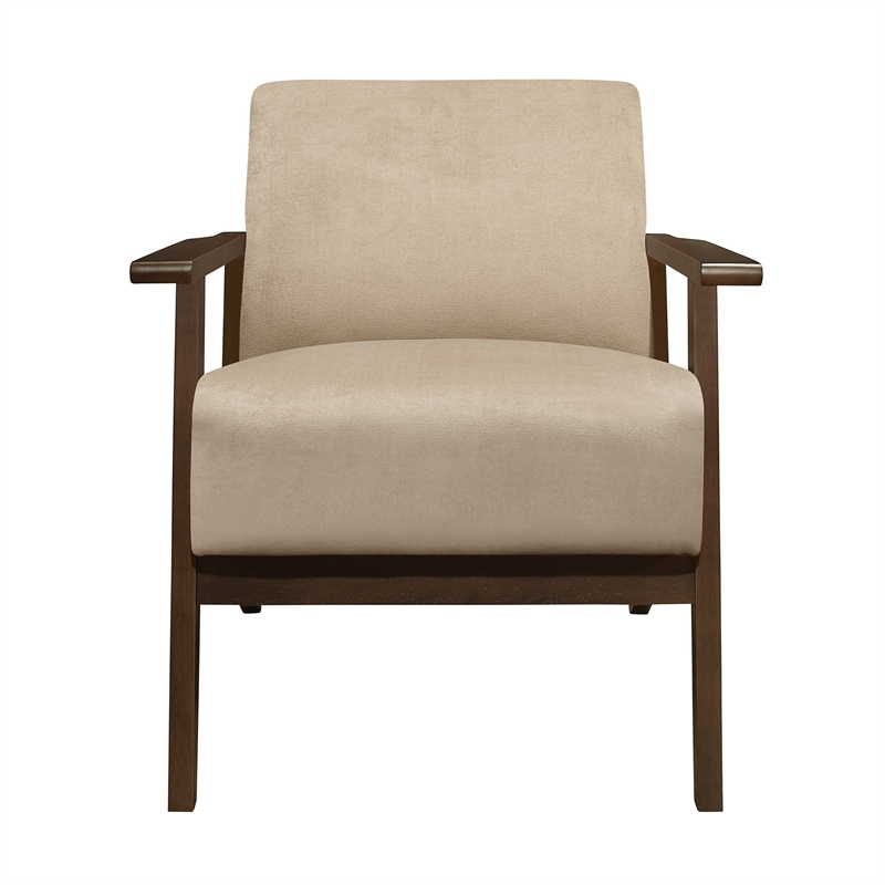 Rica 32 Inch Accent Armchair- Soft Beige Velvet- Walnut Brown Solid Wood