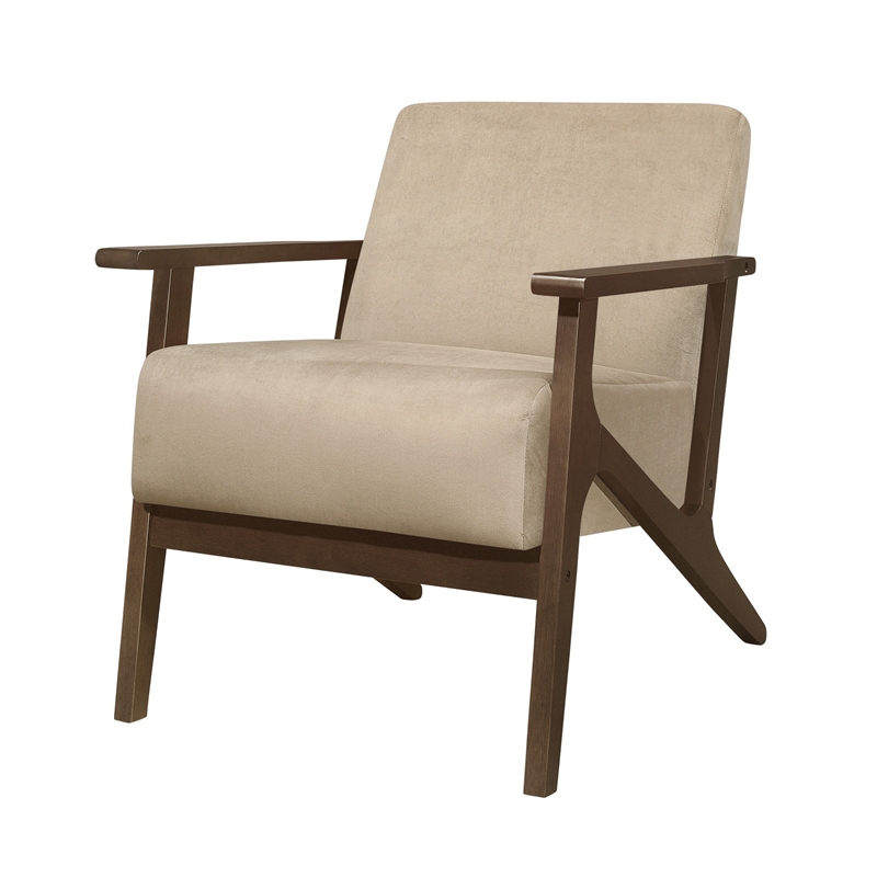 Rica 32 Inch Accent Armchair- Soft Beige Velvet- Walnut Brown Solid Wood