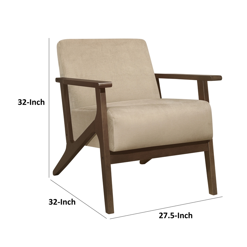 Rica 32 Inch Accent Armchair- Soft Beige Velvet- Walnut Brown Solid Wood