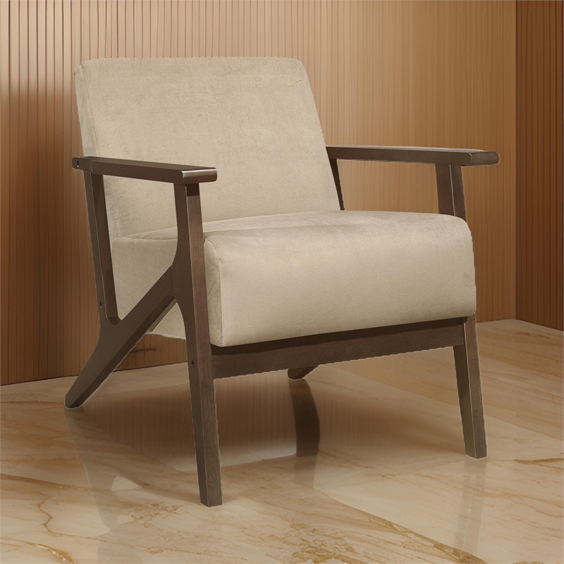 Rica 32 Inch Accent Armchair- Soft Beige Velvet- Walnut Brown Solid Wood