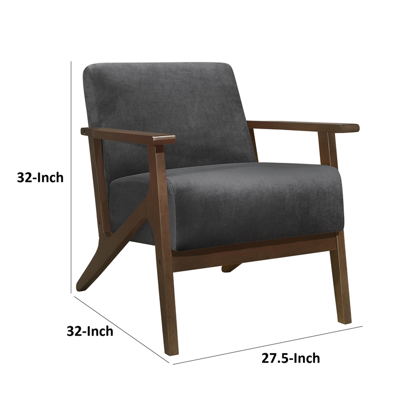 Rica 32 Inch Accent Armchair- Dark Gray Velvet- Walnut Brown Solid Wood