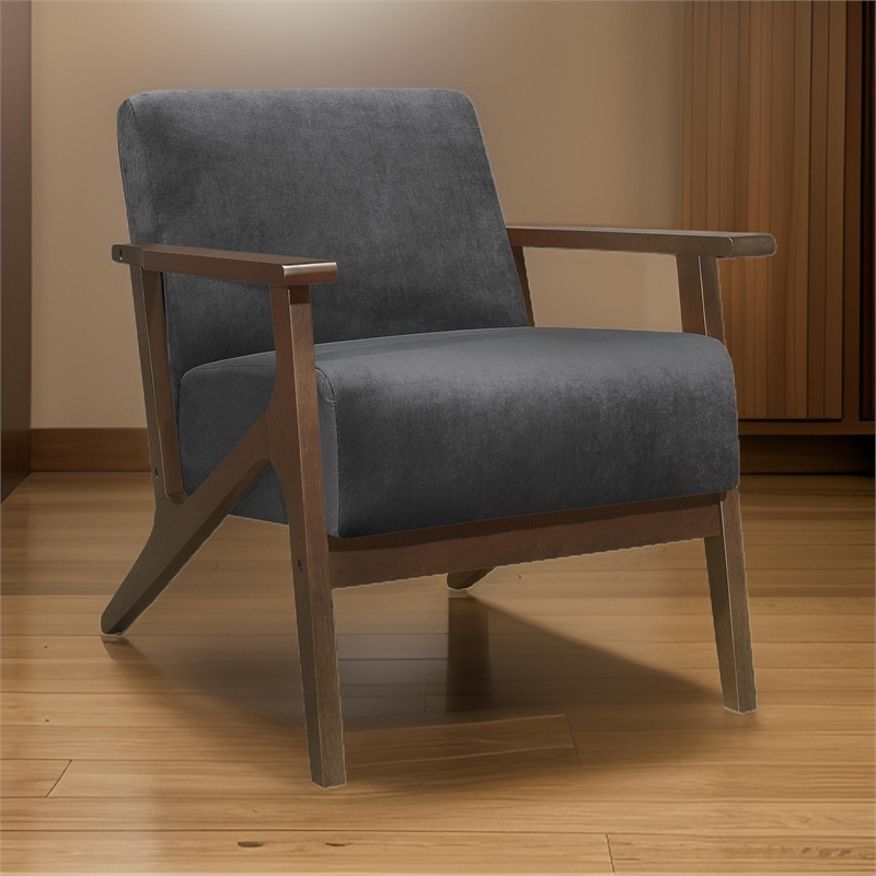 Rica 32 Inch Accent Armchair- Dark Gray Velvet- Walnut Brown Solid Wood