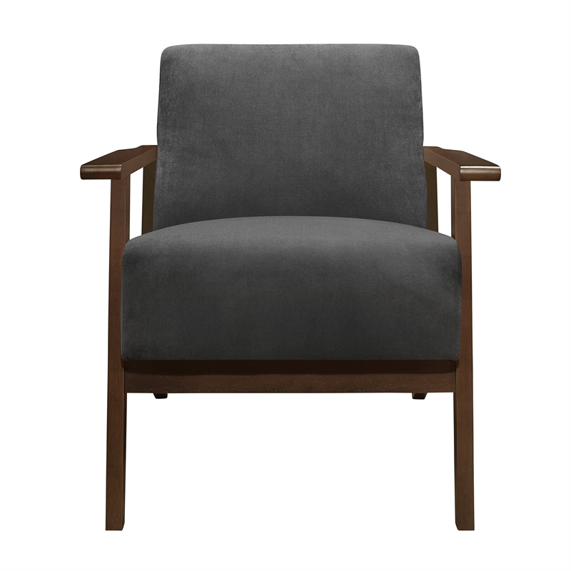 Rica 32 Inch Accent Armchair- Dark Gray Velvet- Walnut Brown Solid Wood
