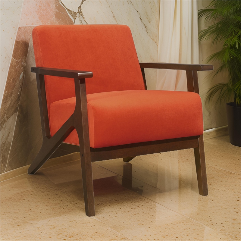 Rica 32 Inch Accent Armchair- Soft Orange Velvet- Walnut Brown Solid Wood