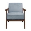 Rica 32 Inch Accent Armchair- Curved- Soft Blue Velvet- Brown Solid Wood