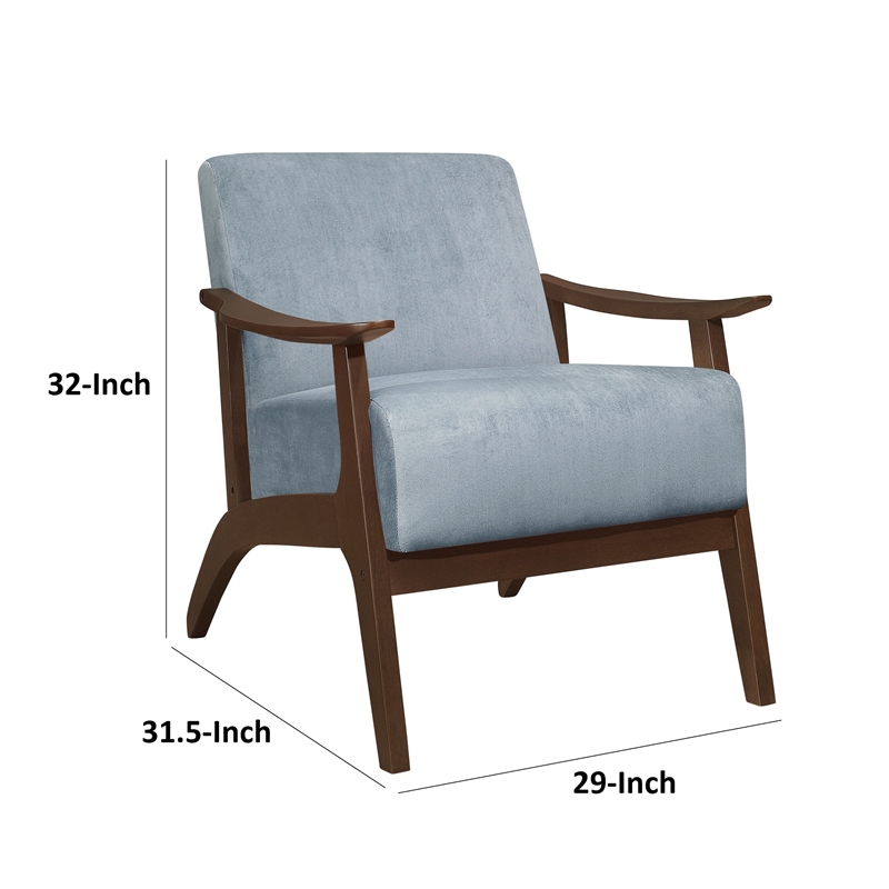 Rica 32 Inch Accent Armchair- Curved- Soft Blue Velvet- Brown Solid Wood