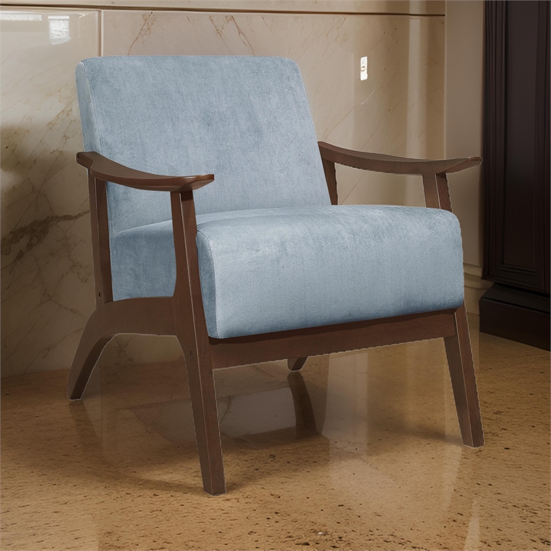 Rica 32 Inch Accent Armchair- Curved- Soft Blue Velvet- Brown Solid Wood