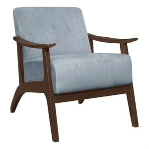 Rica 32 Inch Accent Armchair- Curved- Soft Blue Velvet- Brown Solid Wood