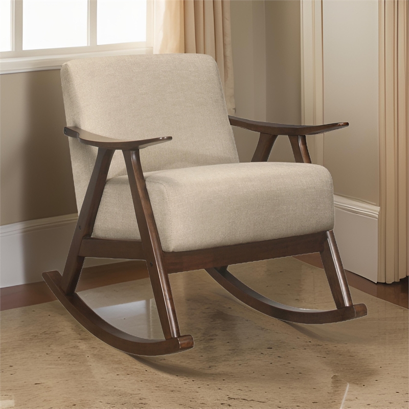 Tim 37 Inch Rocking Armchair- Beige Polyester- Walnut Brown Solid Wood