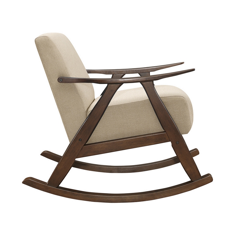 Tim 37 Inch Rocking Armchair- Beige Polyester- Walnut Brown Solid Wood